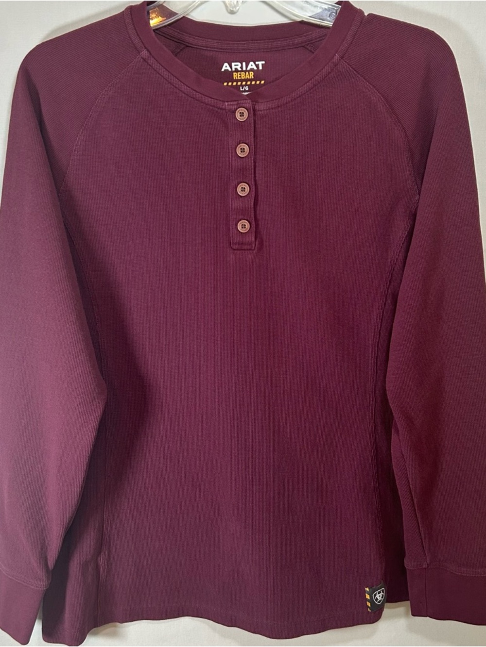 Ariat Rebar Henley Thermal Shirt Mens Large Maroon Long Sleeve Button Workwear